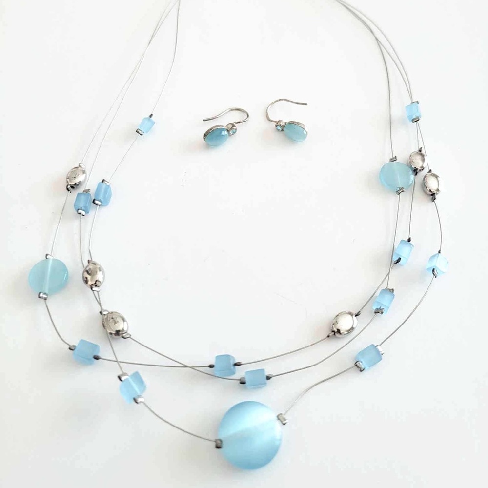 LIA SOPHIA Aqua Blue Geometric Beades Wire Necklace & Gemstone Earrings Set